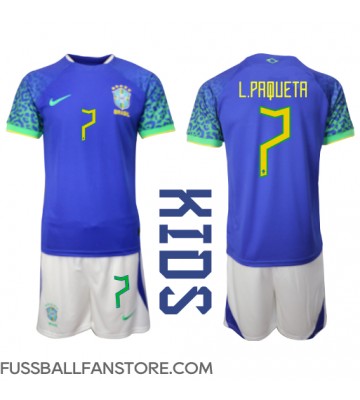 Brasilien Lucas Paqueta #7 Replik Auswärtstrikot Kinder WM 2022 Kurzarm (+ Kurze Hosen)